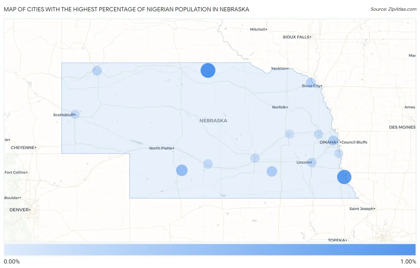 Cities with the Highest Percentage of Nigerian Population in Nebraska Map