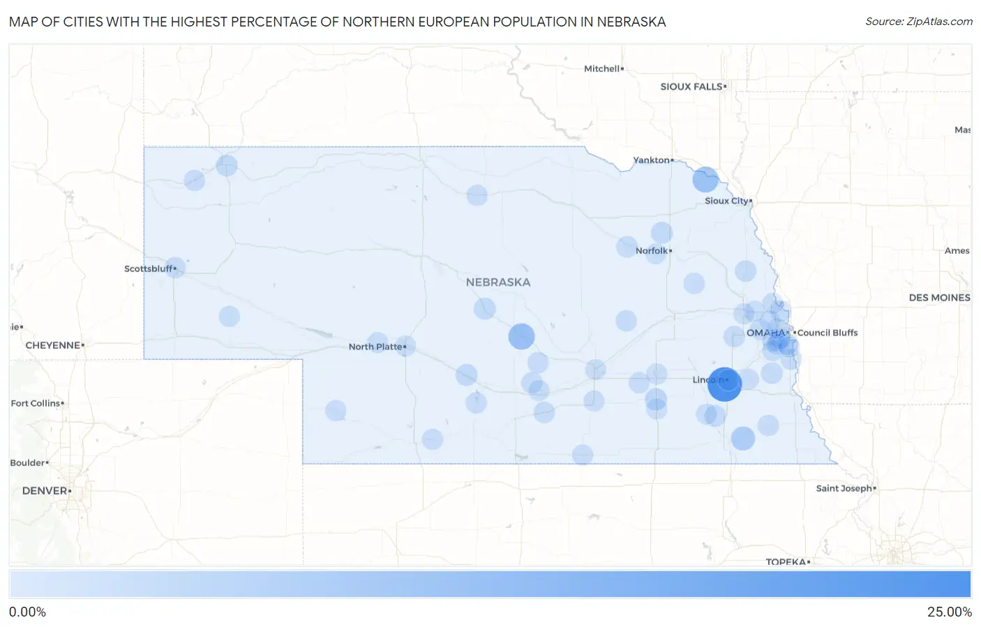 Cities with the Highest Percentage of Northern European Population in Nebraska Map