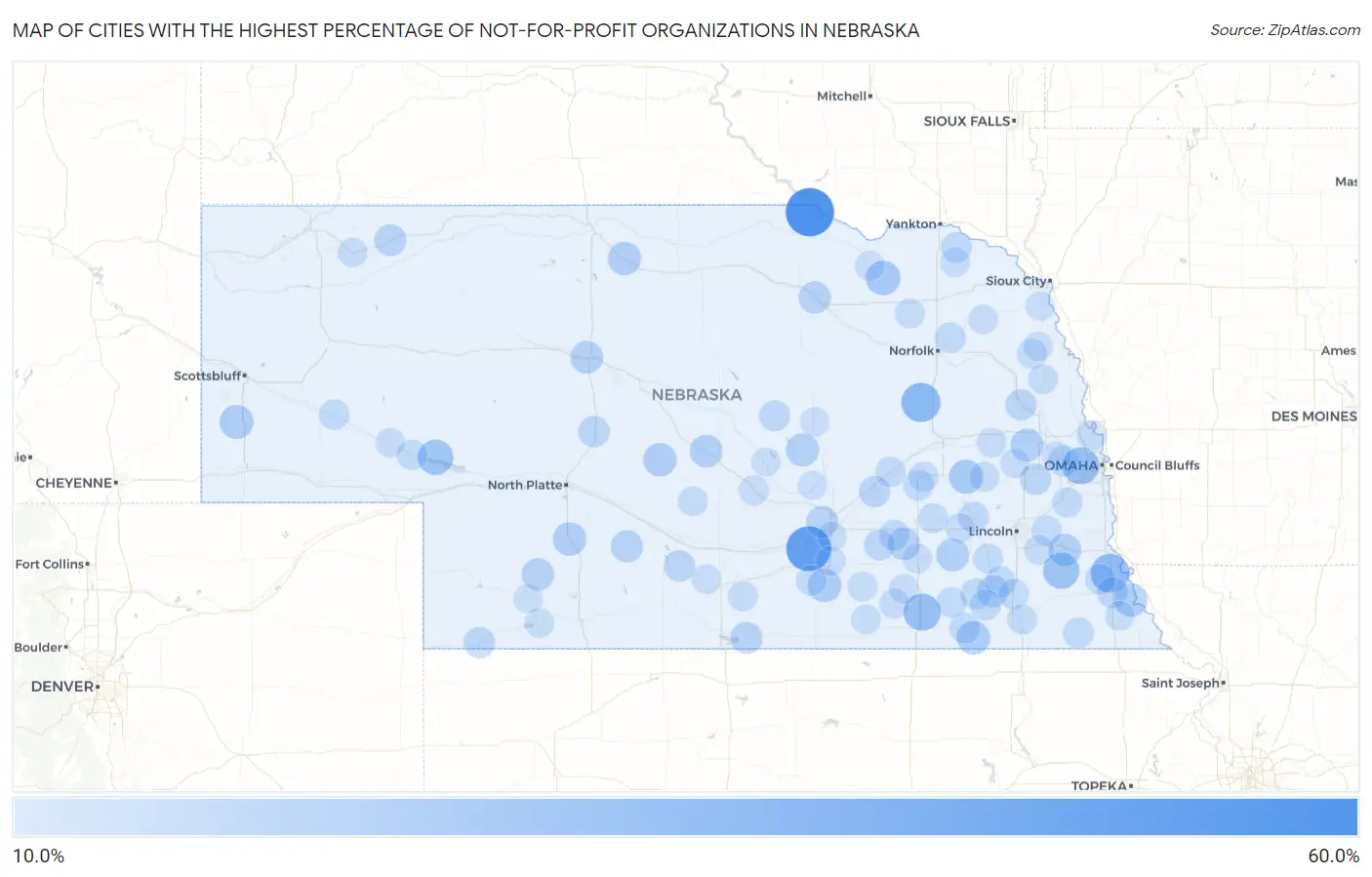 Cities with the Highest Percentage of Not-for-profit Organizations in Nebraska Map