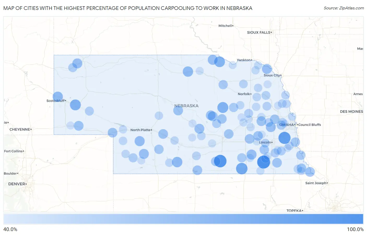 Cities with the Highest Percentage of Population Carpooling to Work in Nebraska Map