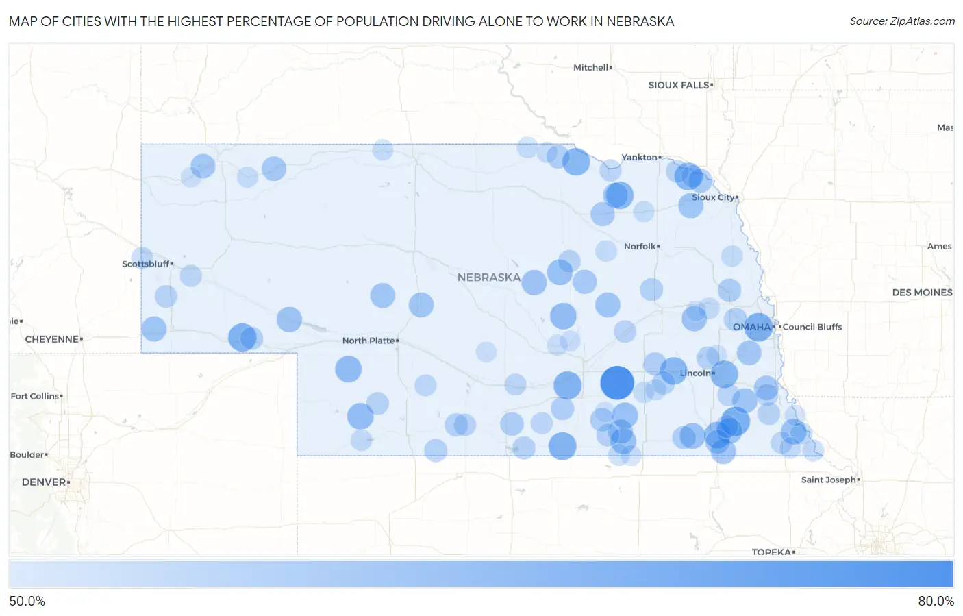 Cities with the Highest Percentage of Population Driving Alone to Work in Nebraska Map