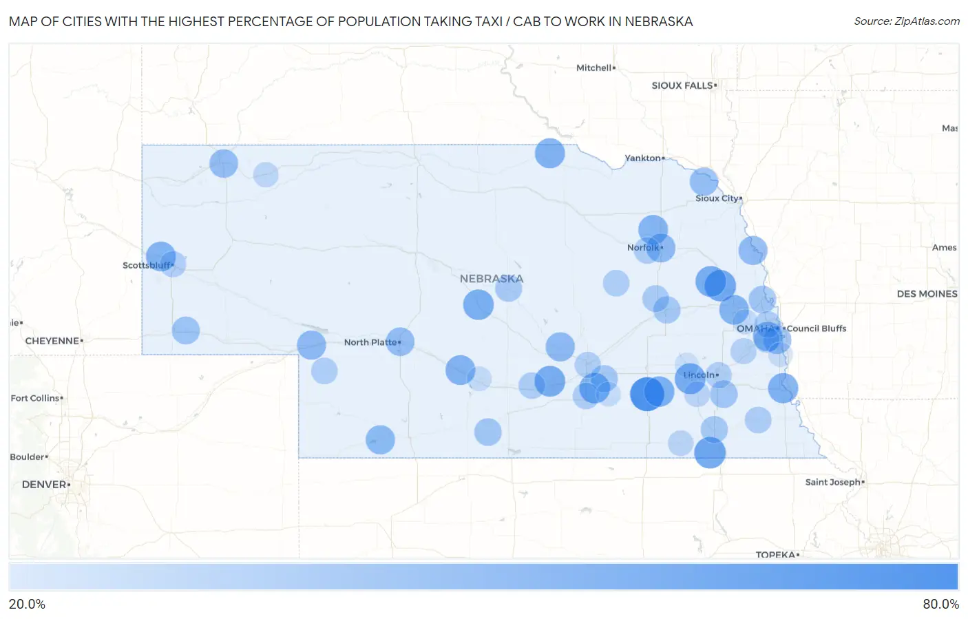 Cities with the Highest Percentage of Population Taking Taxi / Cab to Work in Nebraska Map