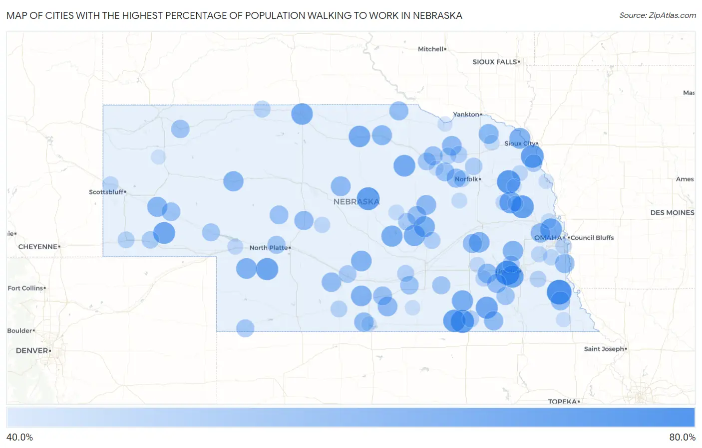Cities with the Highest Percentage of Population Walking to Work in Nebraska Map