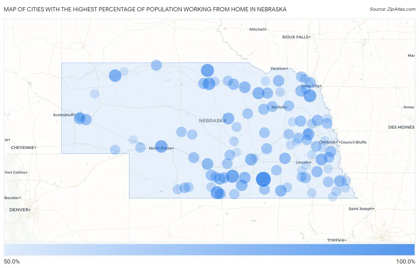 Cities with the Highest Percentage of Population Working from Home in Nebraska Map