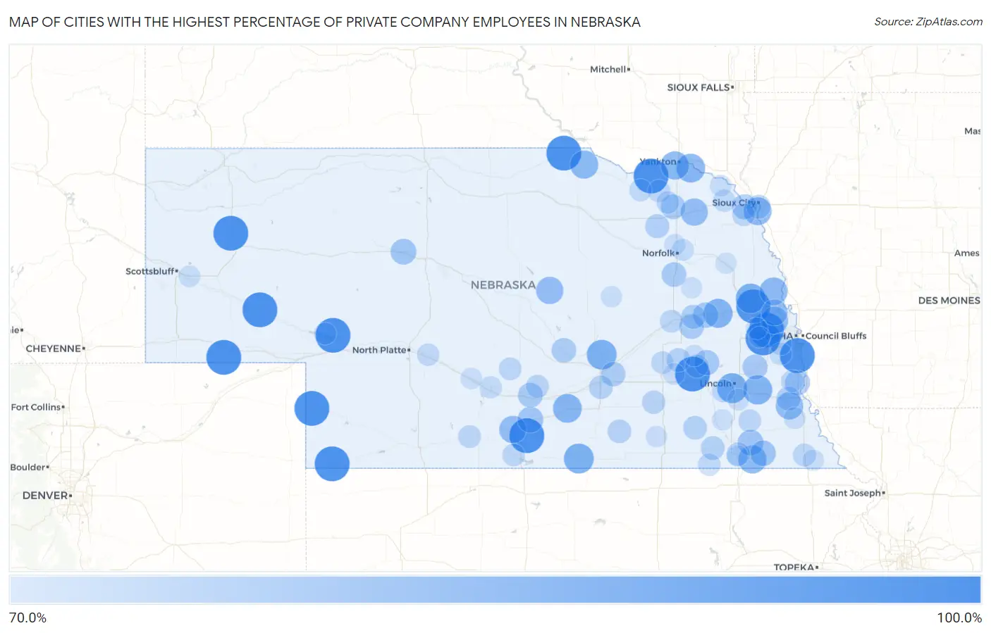 Cities with the Highest Percentage of Private Company Employees in Nebraska Map