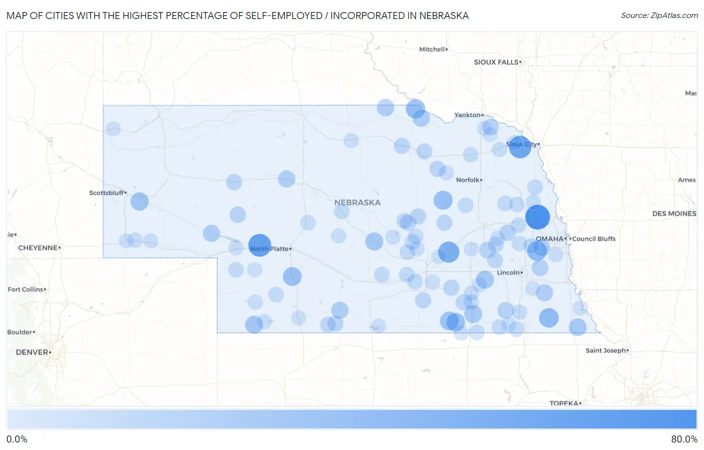 Cities with the Highest Percentage of Self-Employed / Incorporated in Nebraska Map
