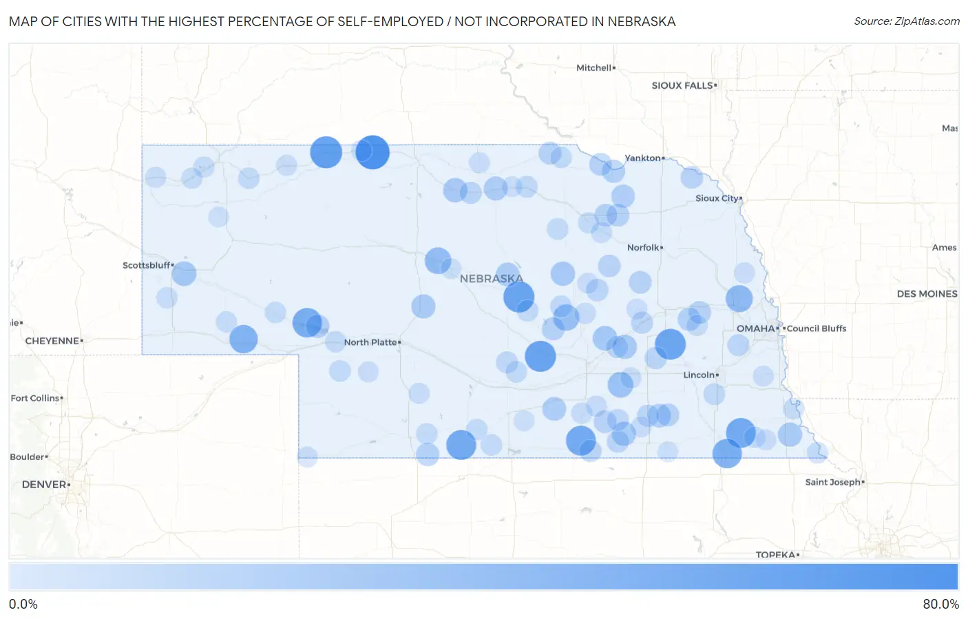 Cities with the Highest Percentage of Self-Employed / Not Incorporated in Nebraska Map