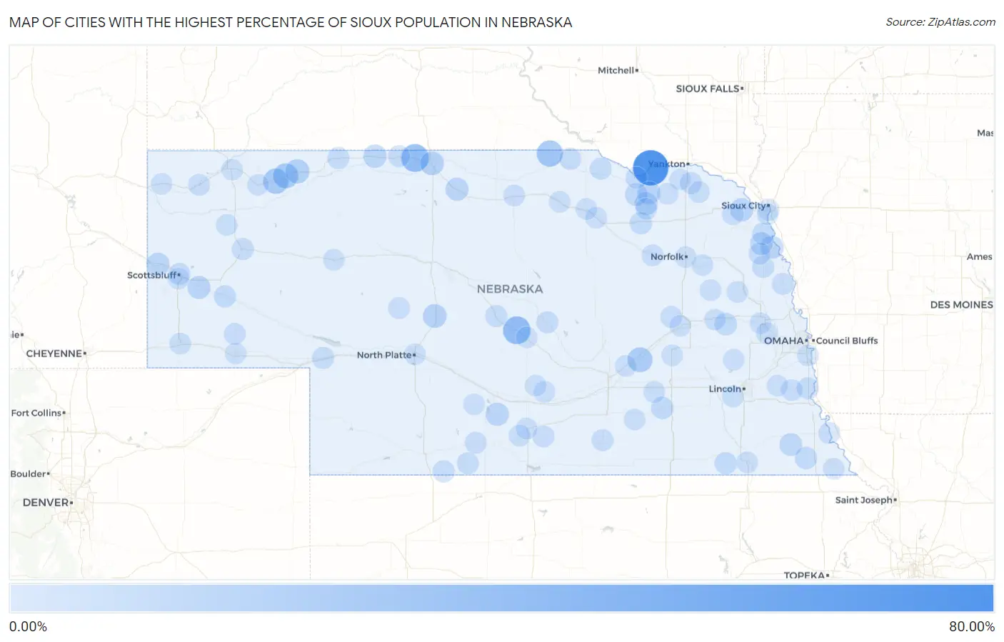 Cities with the Highest Percentage of Sioux Population in Nebraska Map