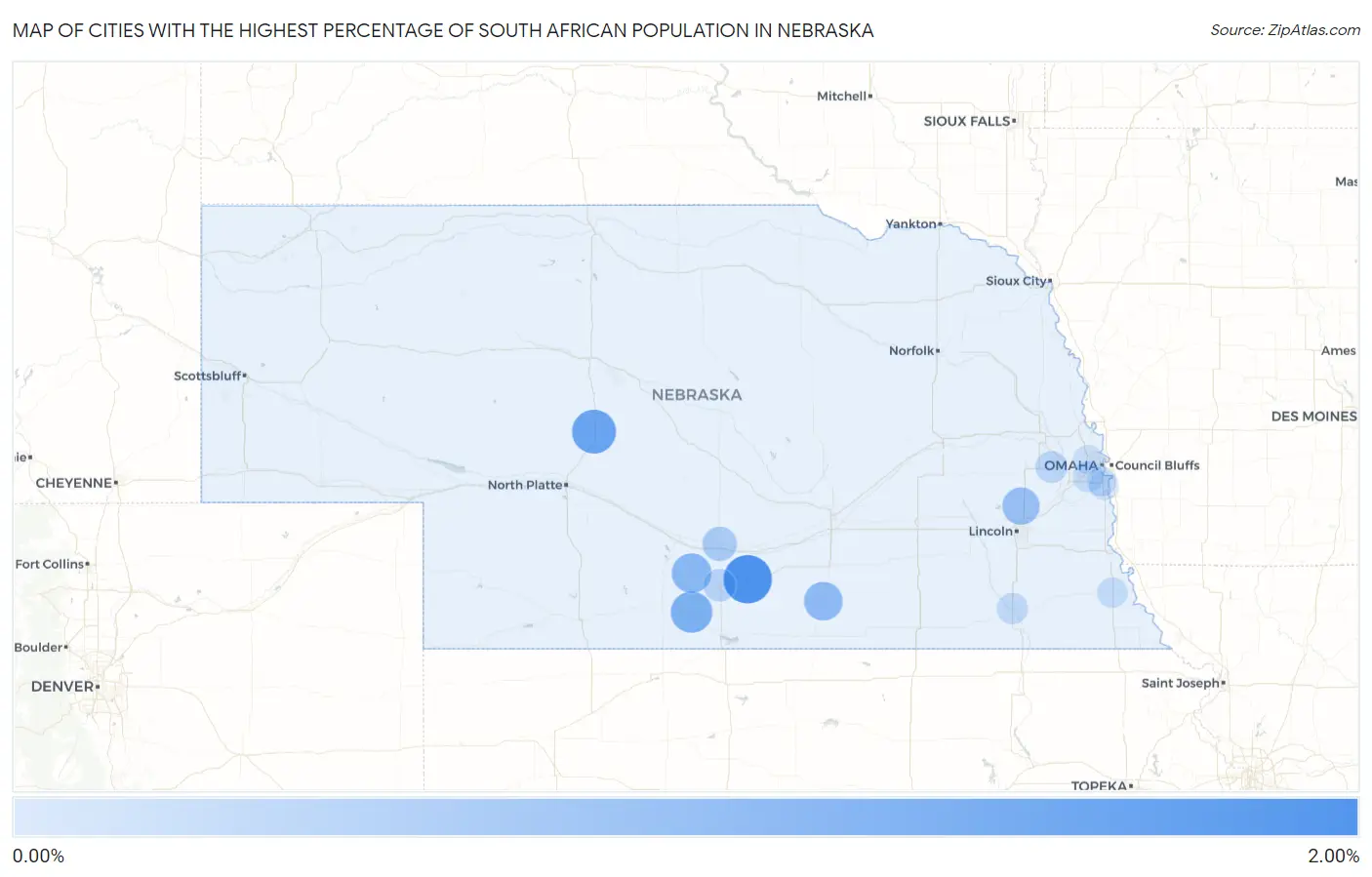 Cities with the Highest Percentage of South African Population in Nebraska Map