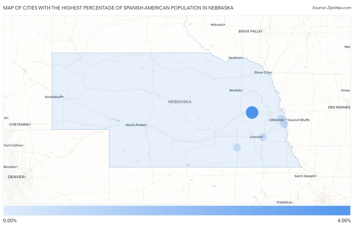 Cities with the Highest Percentage of Spanish American Population in Nebraska Map