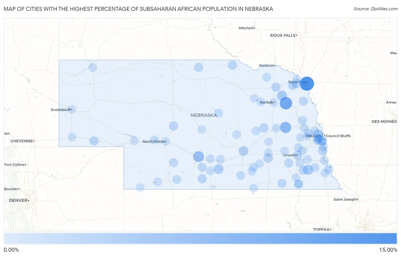 Cities with the Highest Percentage of Subsaharan African Population in Nebraska Map