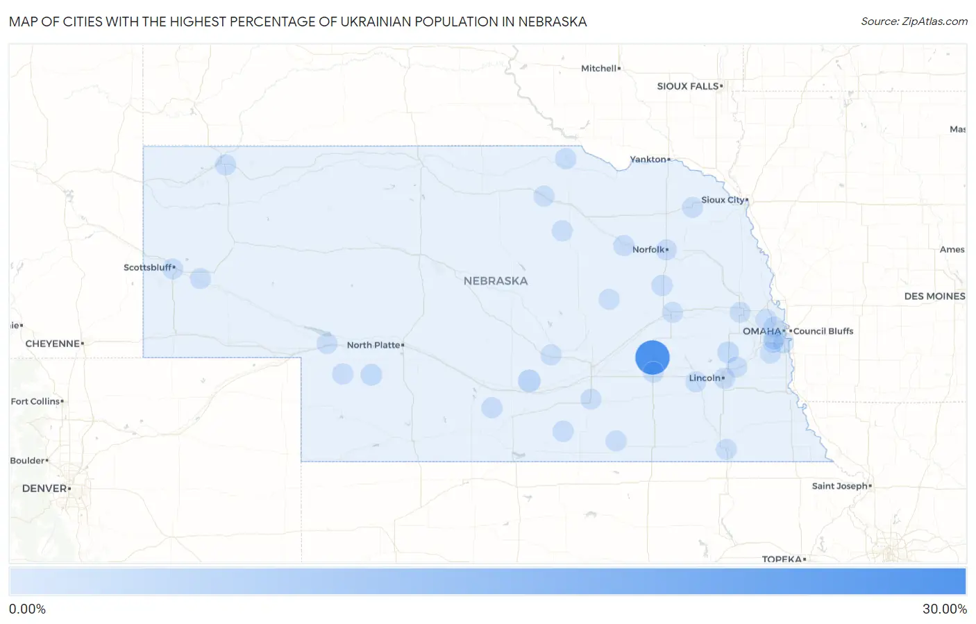 Cities with the Highest Percentage of Ukrainian Population in Nebraska Map