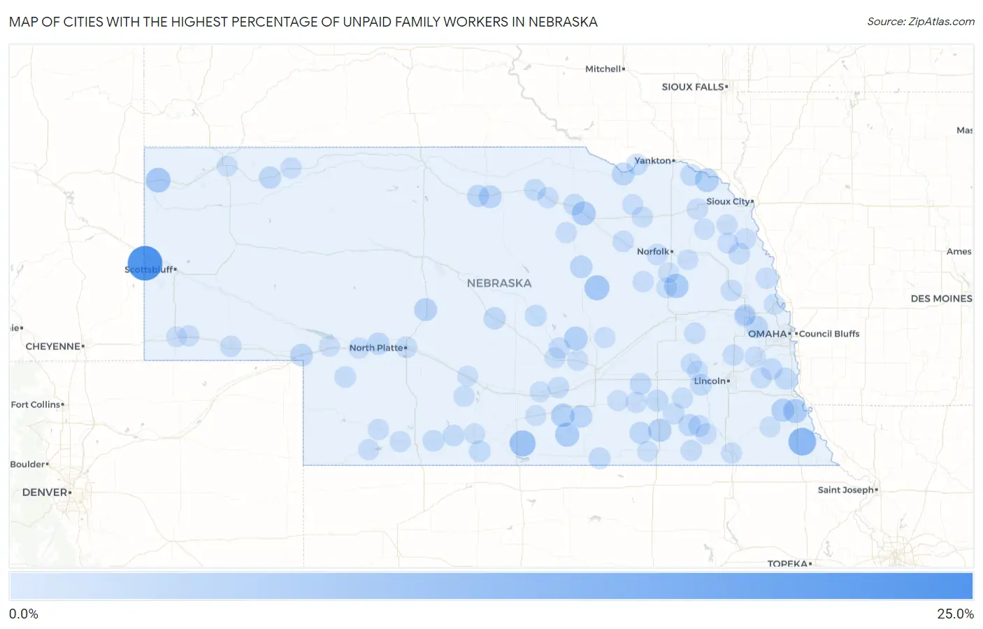 Cities with the Highest Percentage of Unpaid Family Workers in Nebraska Map