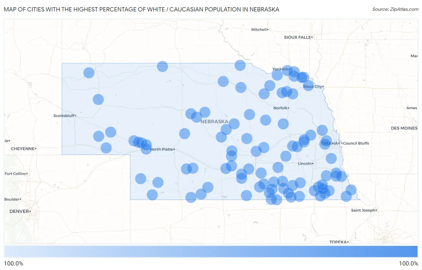 Cities with the Highest Percentage of White / Caucasian Population in Nebraska Map