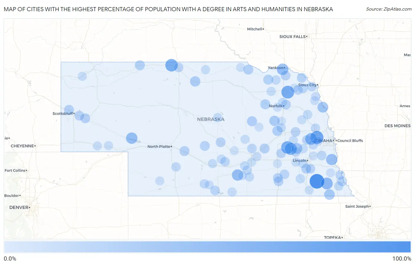 Cities with the Highest Percentage of Population with a Degree in Arts and Humanities in Nebraska Map
