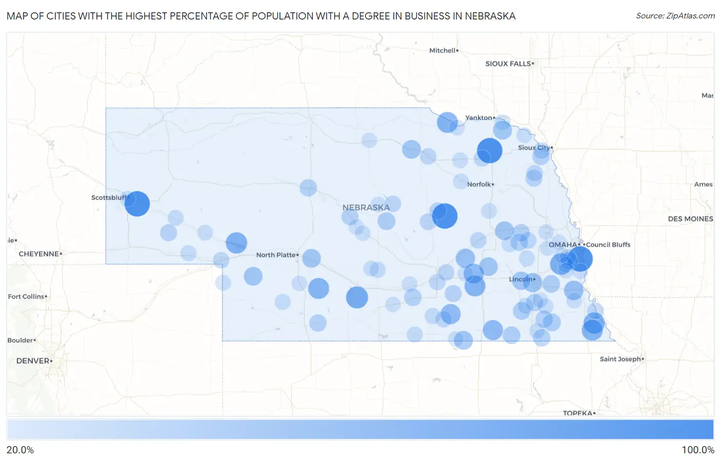 Cities with the Highest Percentage of Population with a Degree in Business in Nebraska Map