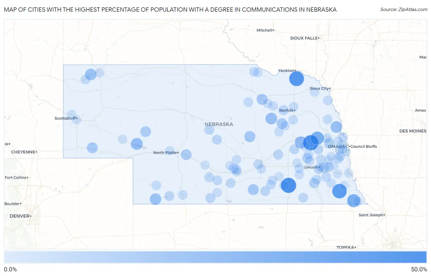 Cities with the Highest Percentage of Population with a Degree in Communications in Nebraska Map