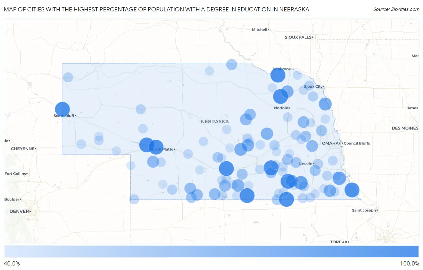 Cities with the Highest Percentage of Population with a Degree in Education in Nebraska Map