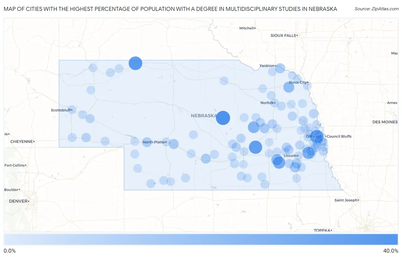 Cities with the Highest Percentage of Population with a Degree in Multidisciplinary Studies in Nebraska Map