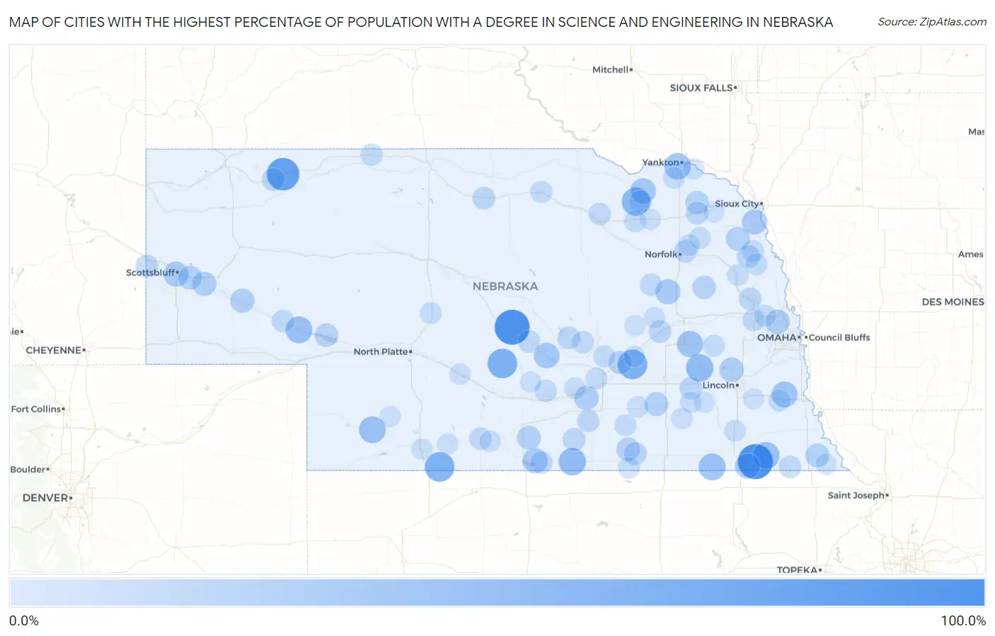 Cities with the Highest Percentage of Population with a Degree in Science and Engineering in Nebraska Map