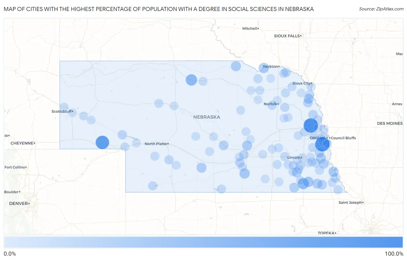 Cities with the Highest Percentage of Population with a Degree in Social Sciences in Nebraska Map
