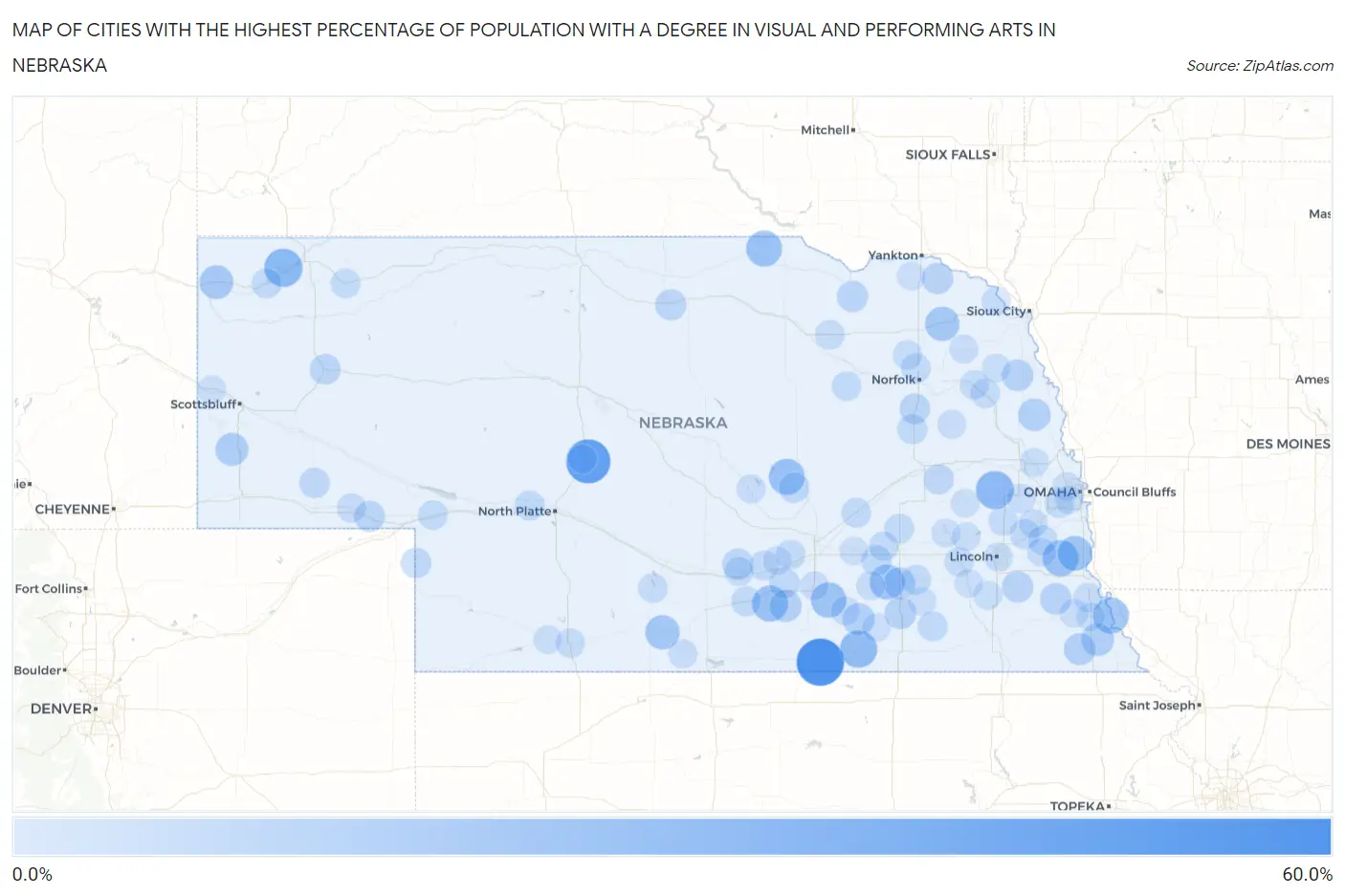 Cities with the Highest Percentage of Population with a Degree in Visual and Performing Arts in Nebraska Map