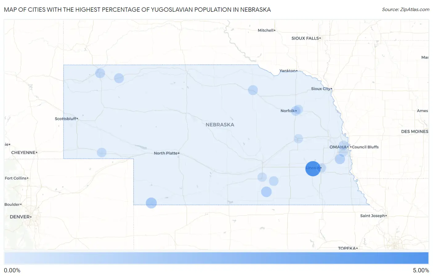 Cities with the Highest Percentage of Yugoslavian Population in Nebraska Map