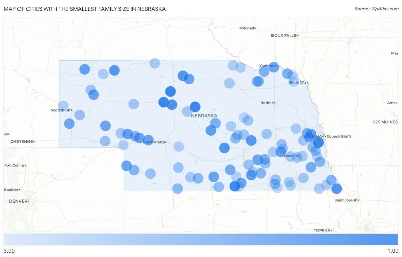 Cities with the Smallest Family Size in Nebraska Map