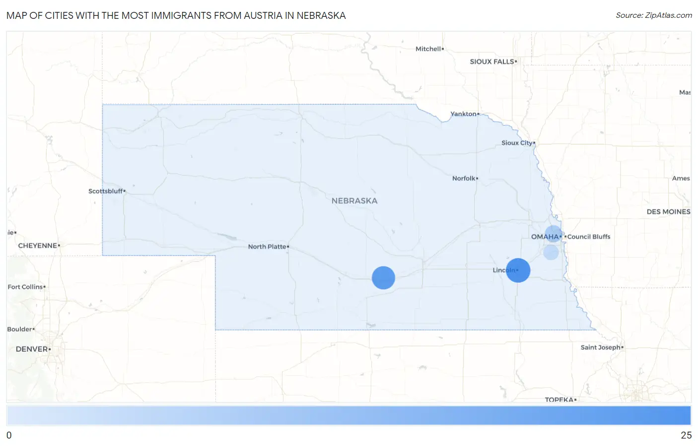 Cities with the Most Immigrants from Austria in Nebraska Map