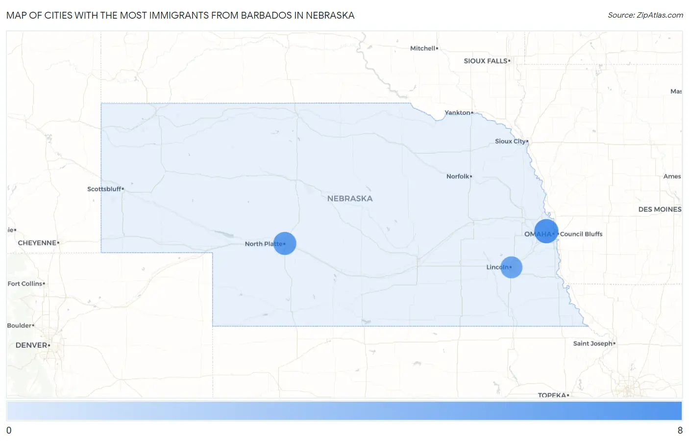 Cities with the Most Immigrants from Barbados in Nebraska Map