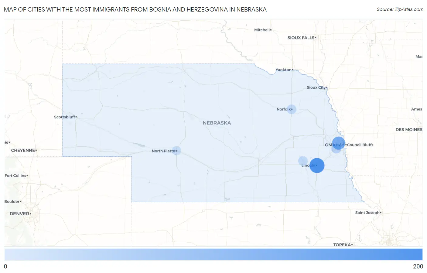 Cities with the Most Immigrants from Bosnia and Herzegovina in Nebraska Map