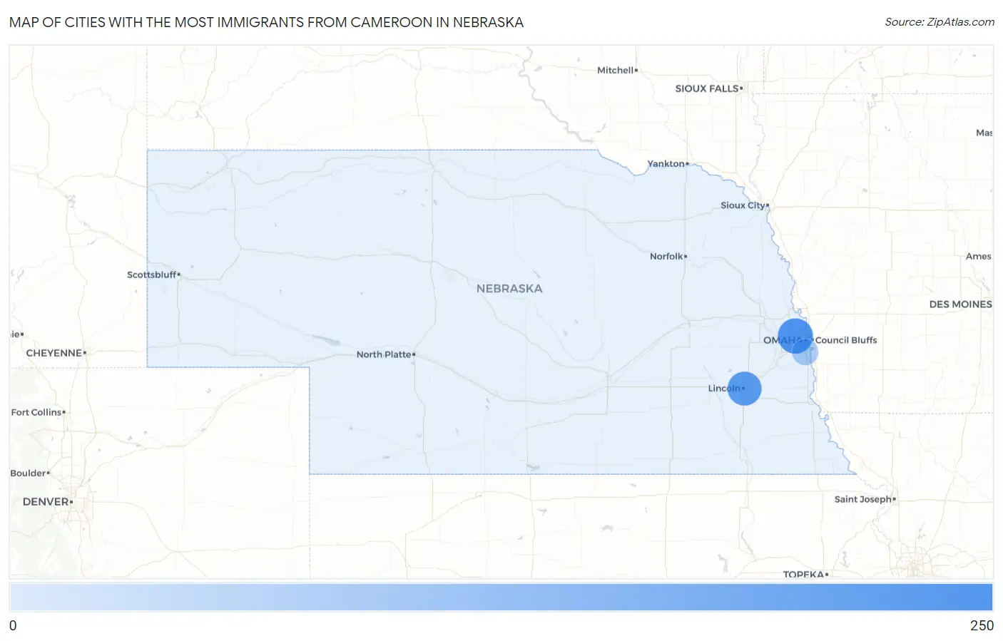 Cities with the Most Immigrants from Cameroon in Nebraska Map