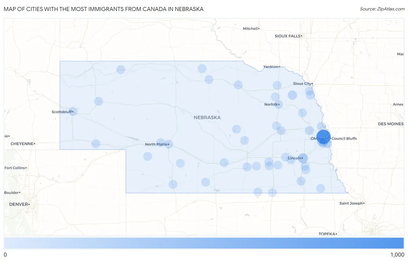 Cities with the Most Immigrants from Canada in Nebraska Map