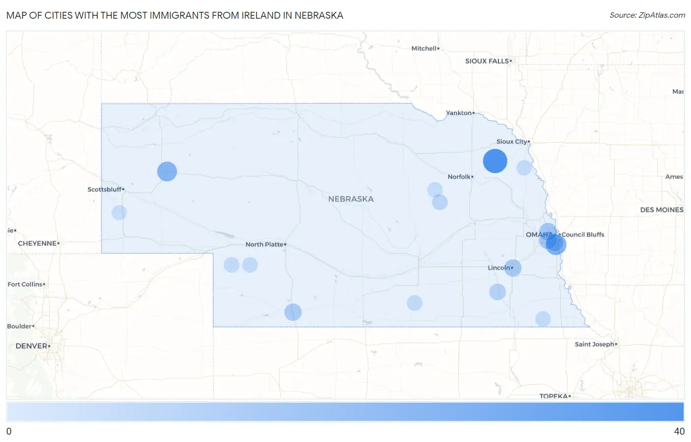 Cities with the Most Immigrants from Ireland in Nebraska Map