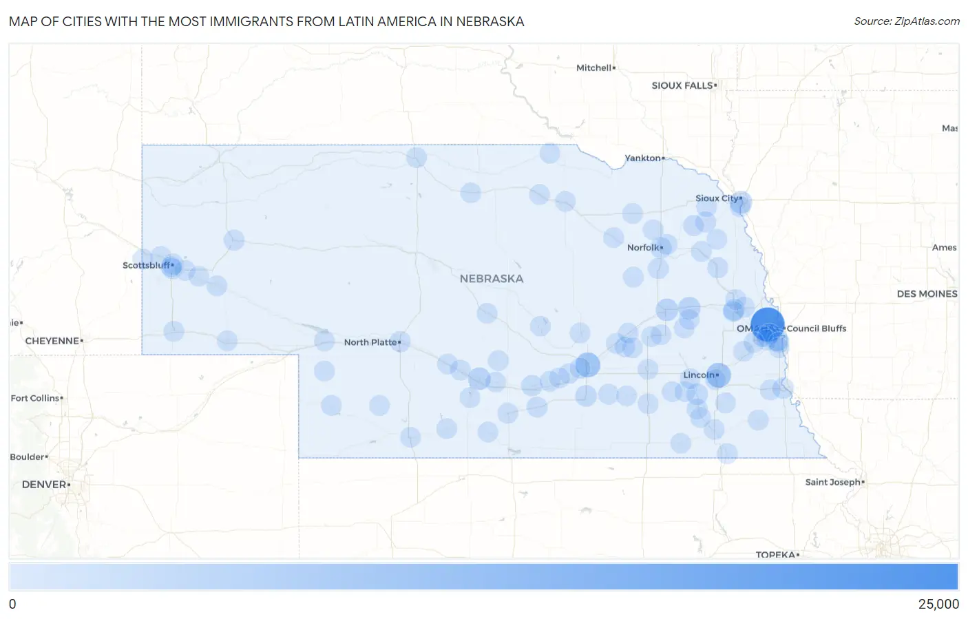Cities with the Most Immigrants from Latin America in Nebraska Map