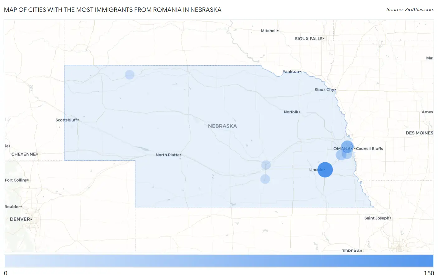Cities with the Most Immigrants from Romania in Nebraska Map