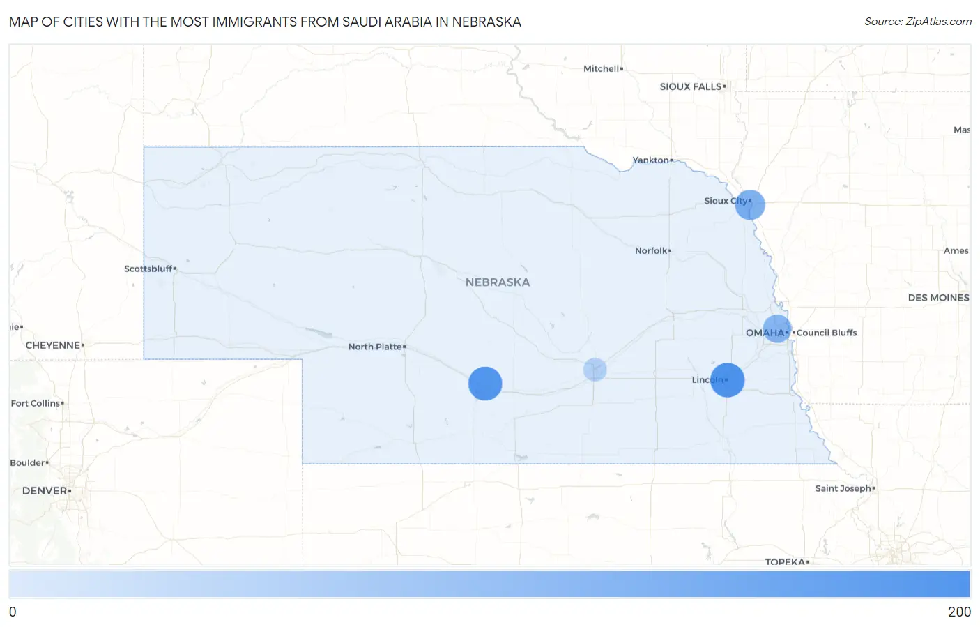 Cities with the Most Immigrants from Saudi Arabia in Nebraska Map