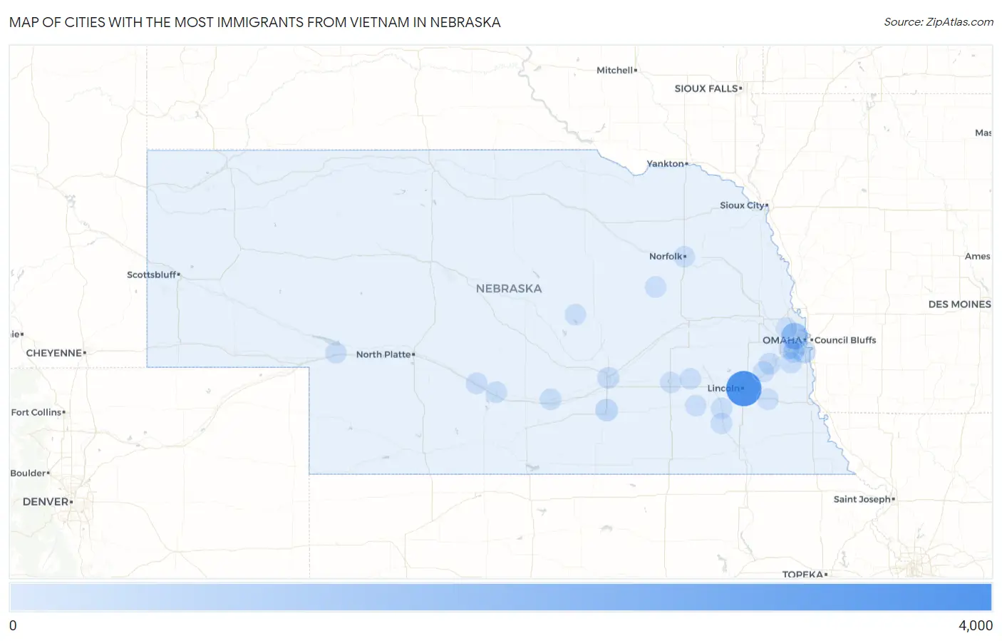 Cities with the Most Immigrants from Vietnam in Nebraska Map