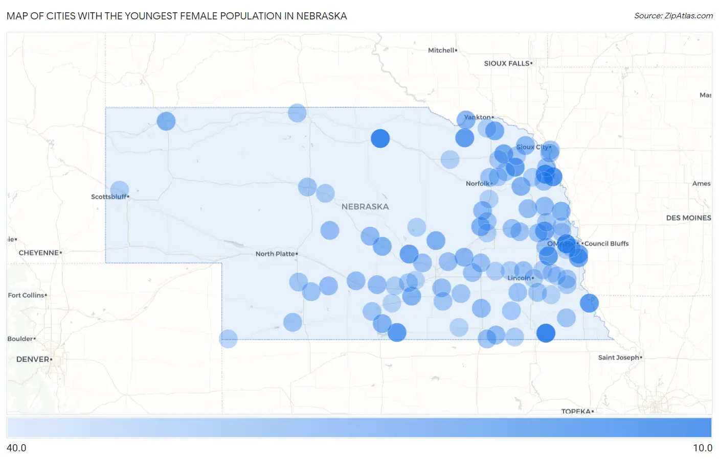 Cities with the Youngest Female Population in Nebraska Map