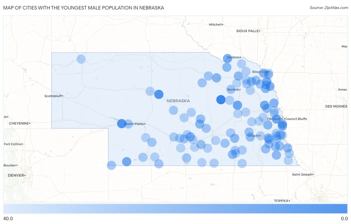 Cities with the Youngest Male Population in Nebraska Map