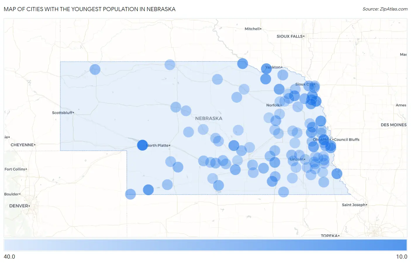 Cities with the Youngest Population in Nebraska Map