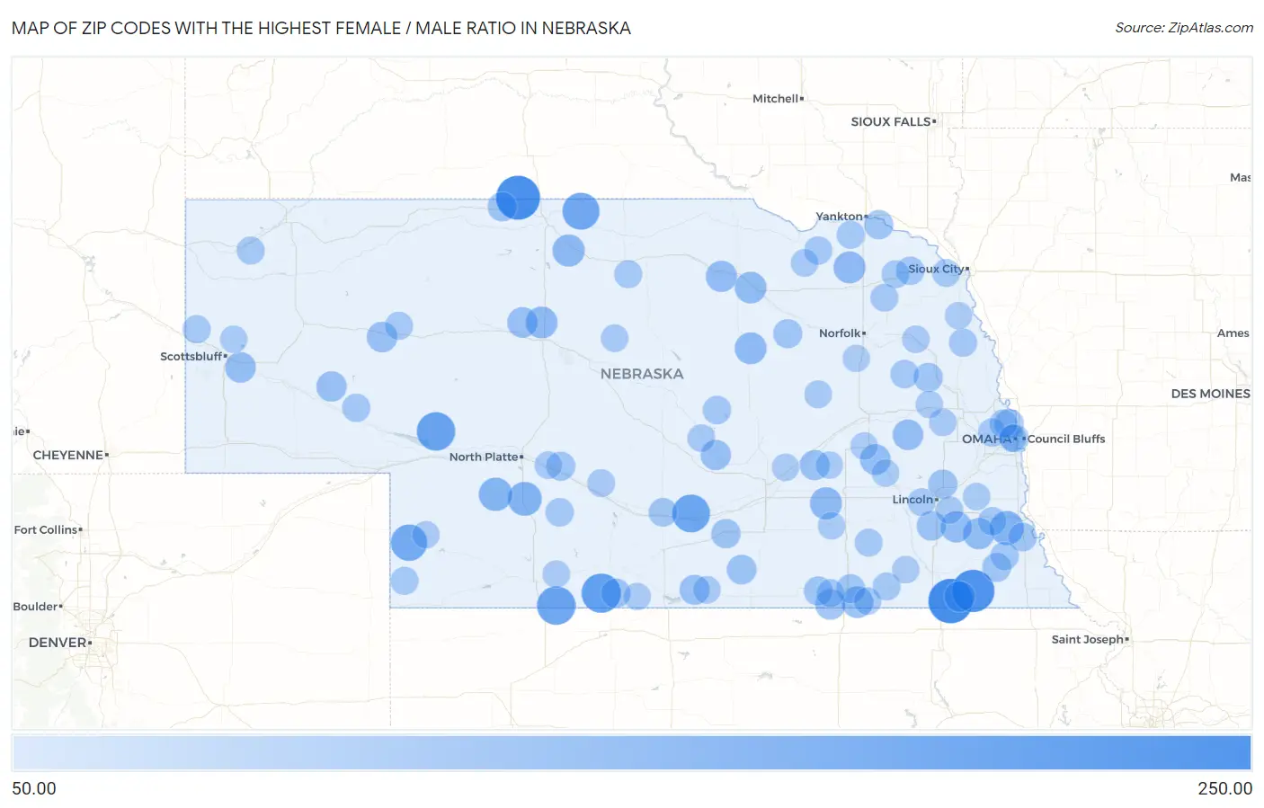 Zip Codes with the Highest Female / Male Ratio in Nebraska Map