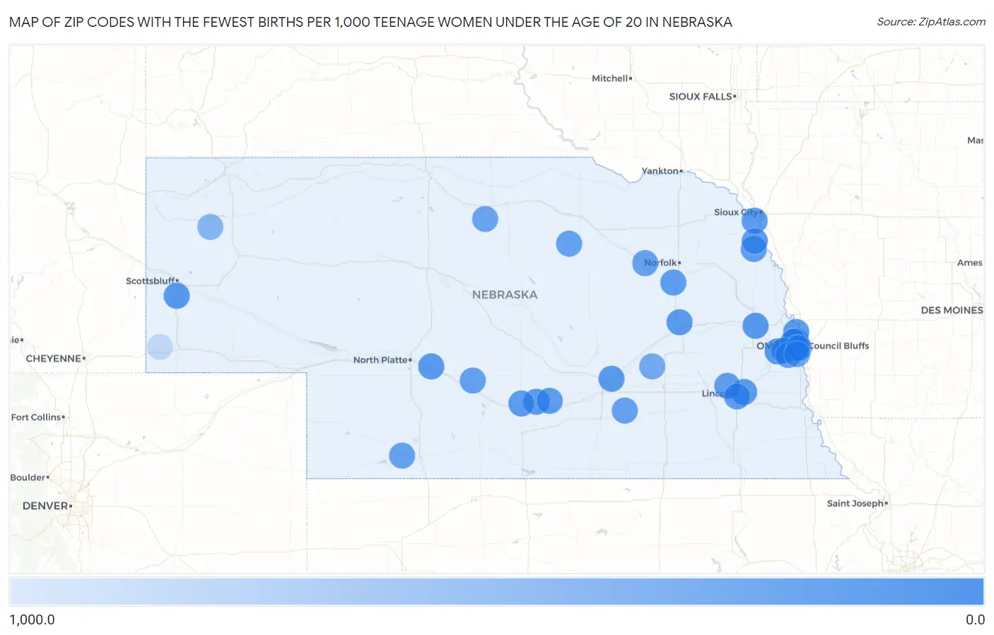 Zip Codes with the Fewest Births per 1,000 Teenage Women Under the Age of 20 in Nebraska Map