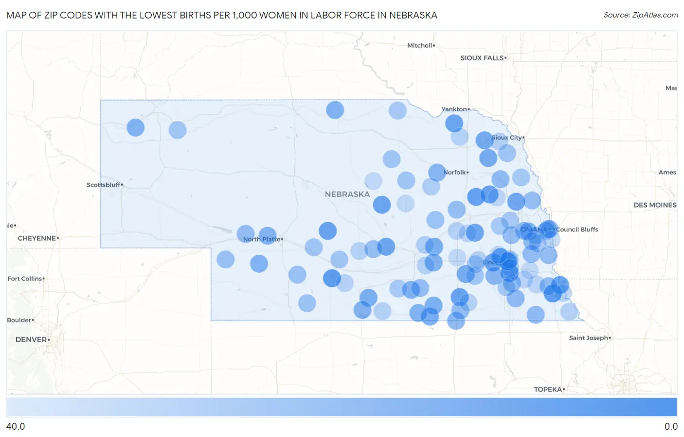 Zip Codes with the Lowest Births per 1,000 Women in Labor Force in Nebraska Map