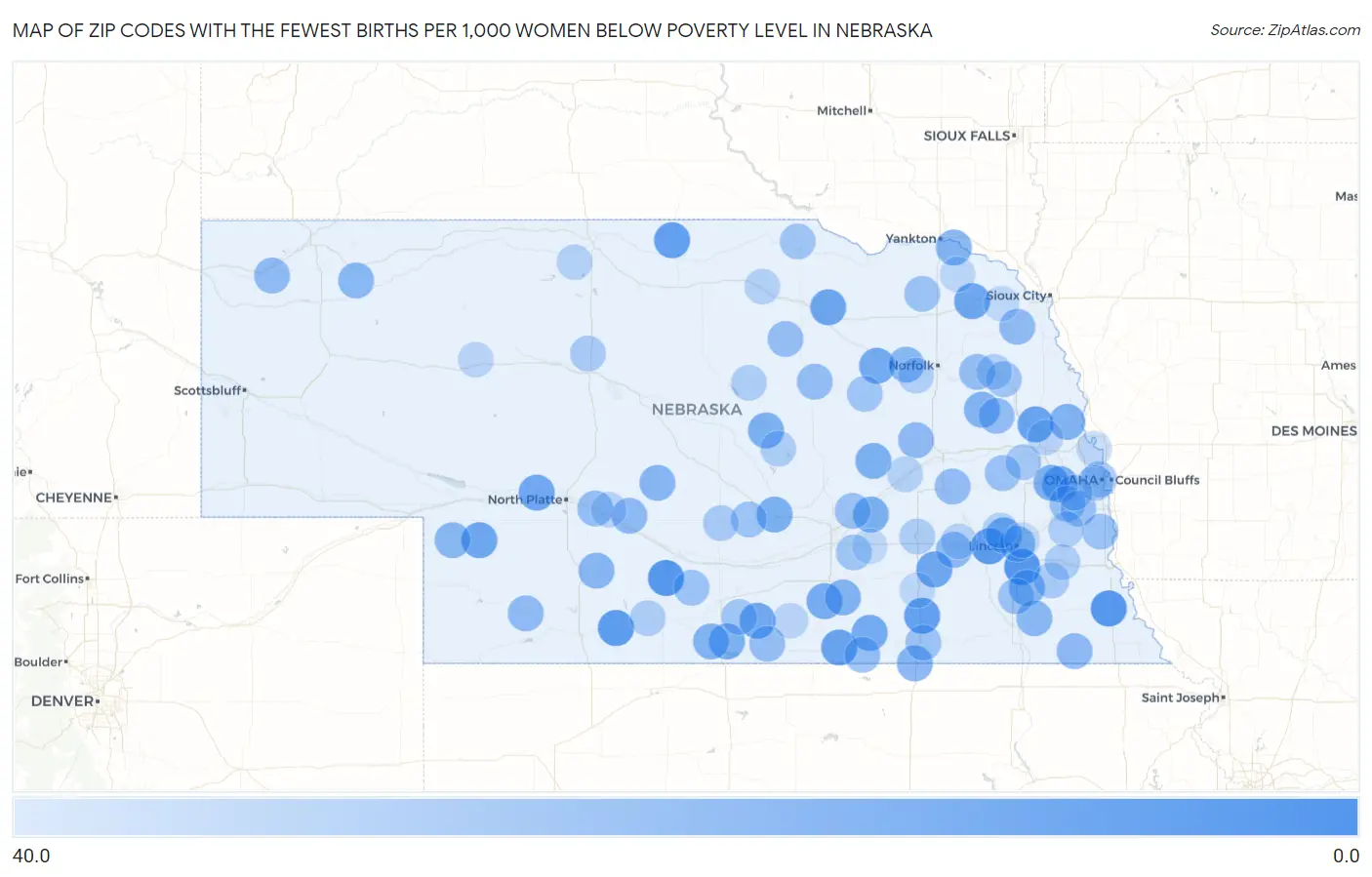 Zip Codes with the Fewest Births per 1,000 Women Below Poverty Level in Nebraska Map