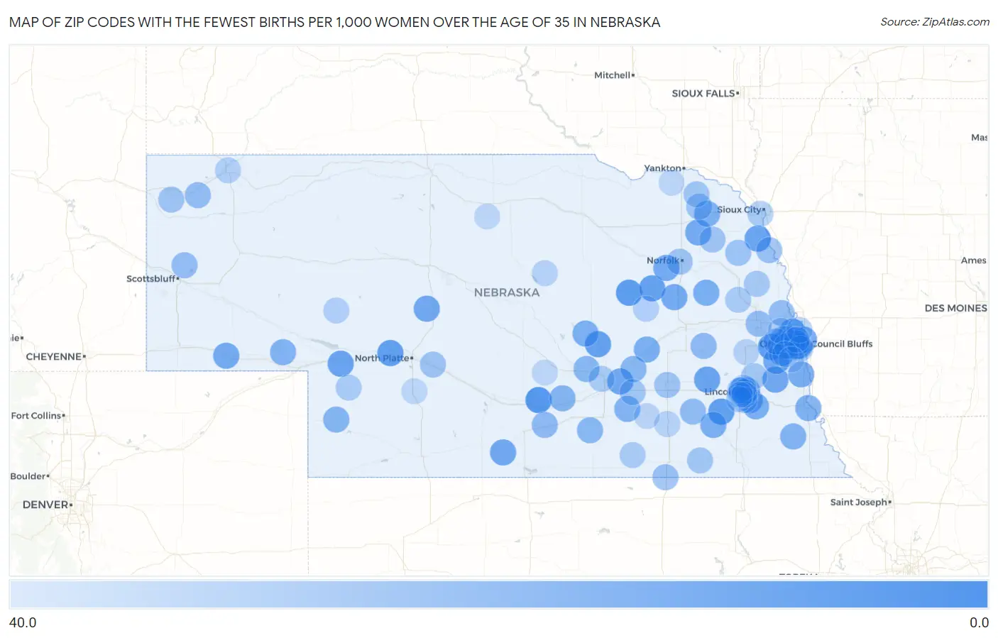 Zip Codes with the Fewest Births per 1,000 Women Over the Age of 35 in Nebraska Map