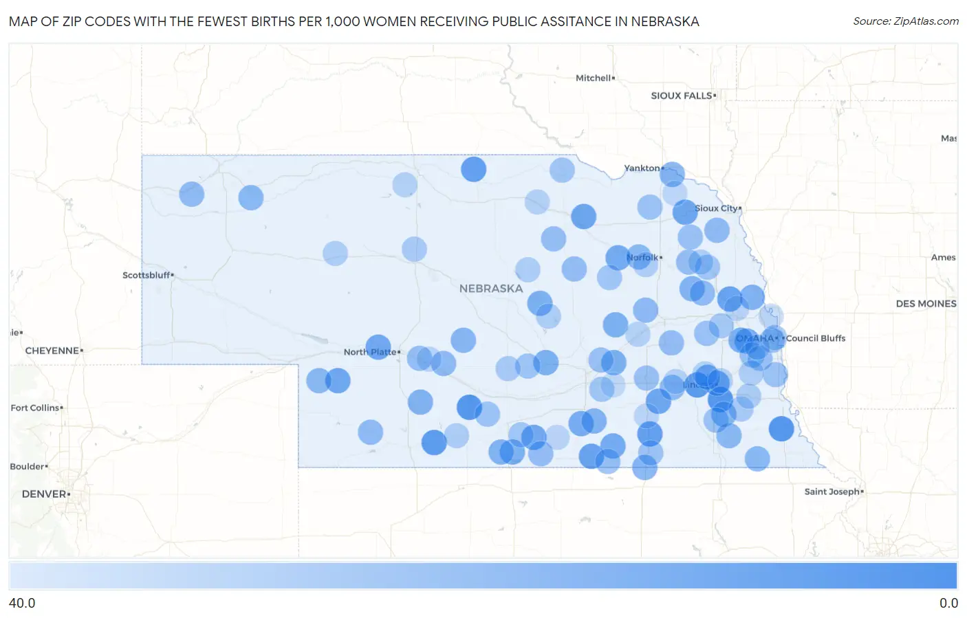Zip Codes with the Fewest Births per 1,000 Women Receiving Public Assitance in Nebraska Map