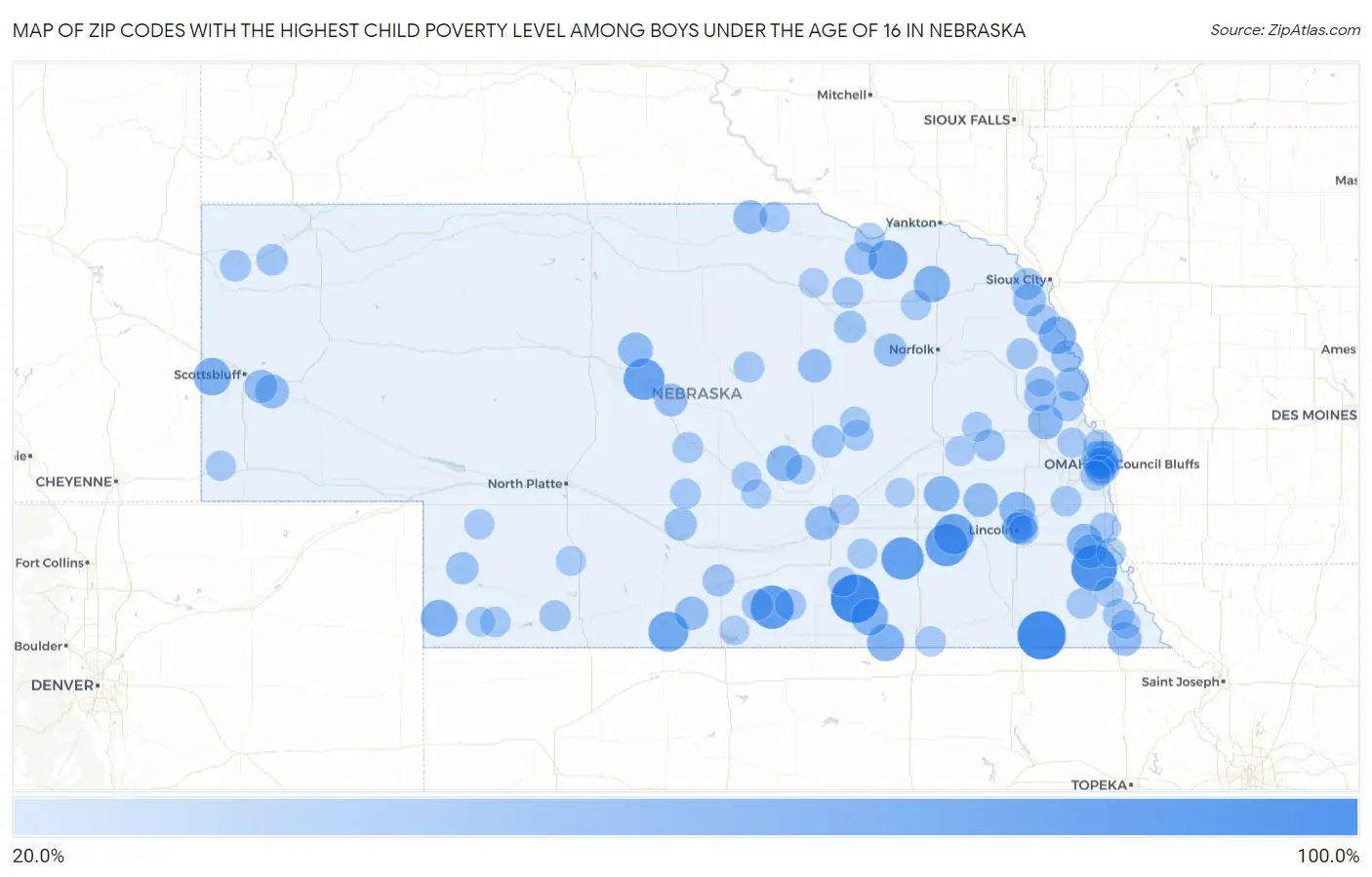 Zip Codes with the Highest Child Poverty Level Among Boys Under the Age of 16 in Nebraska Map