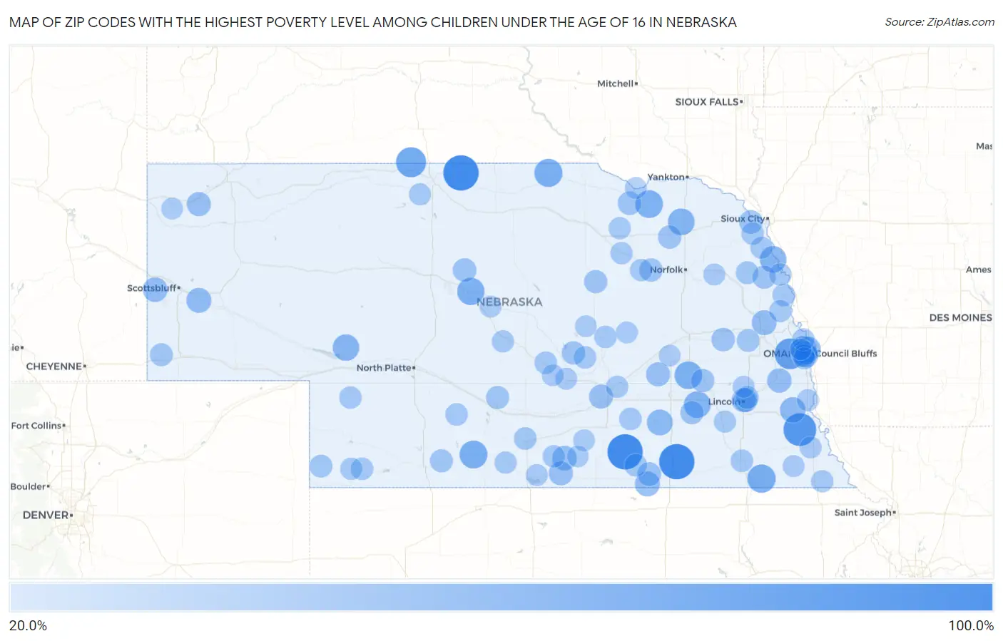 Zip Codes with the Highest Poverty Level Among Children Under the Age of 16 in Nebraska Map