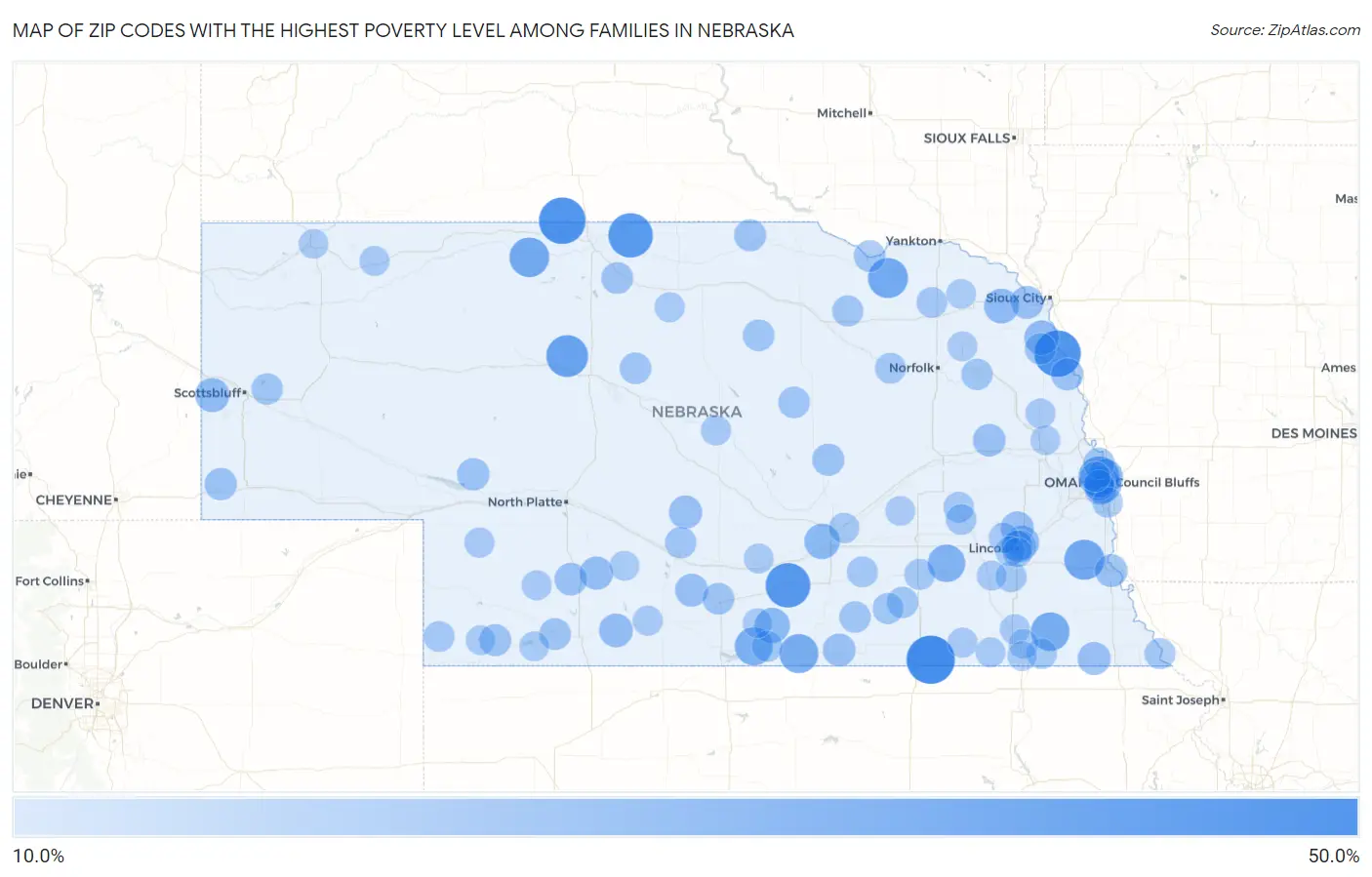 Zip Codes with the Highest Poverty Level Among Families in Nebraska Map